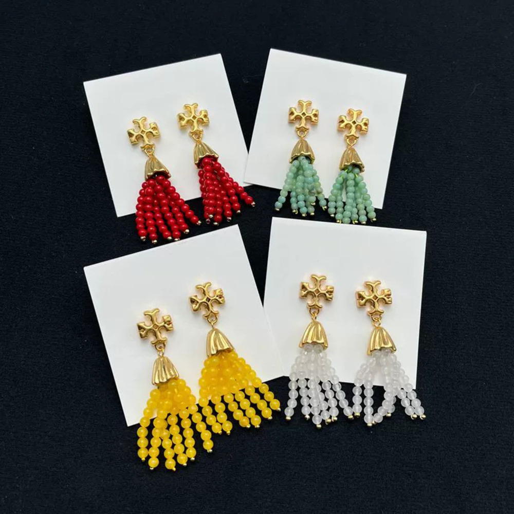 Tory Burch Double Tassel Beaded Metal Earrings